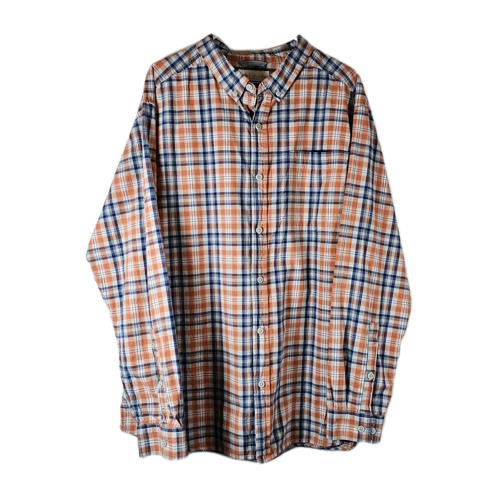 Columbia Shirt Mens Blue Orange Plaid Button Up Outdoor Hunting Hiking XL Cotton